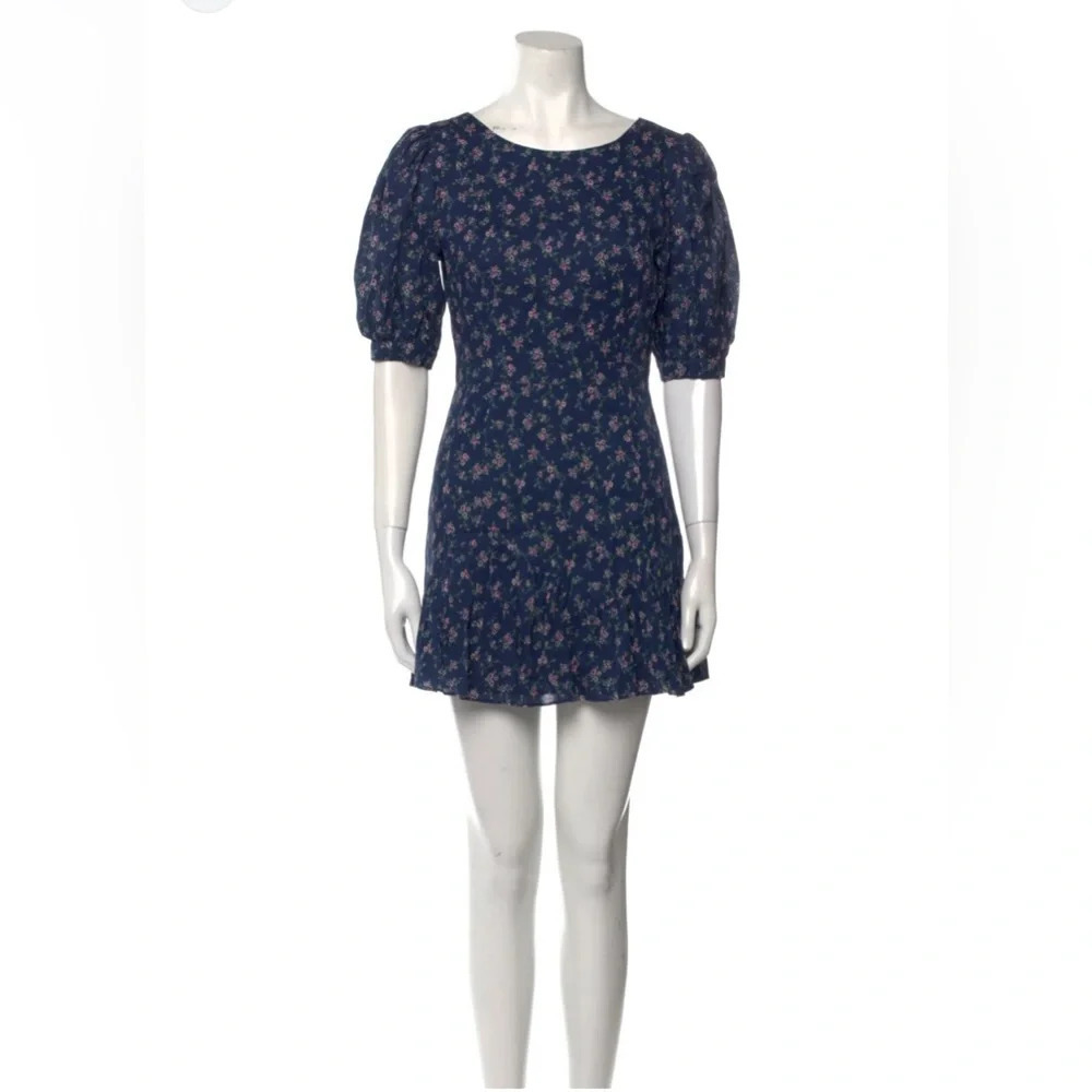 Love Shack Fancy Womens Cotton Round Neck Floral Mini Puff Sleeve Dress Blue S